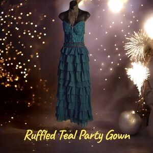 Holiday Party Dress In Teal With Ruffled Skirt And Corset Bodice AndFront (Sz 6)